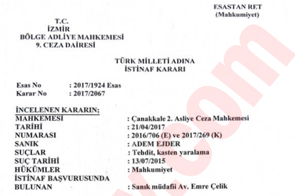 AK Parti Eceabat İlçe Başkanı Adem Ejder'e CHP'li üyeyi tehdit ve yaralamadan hapis cezası!