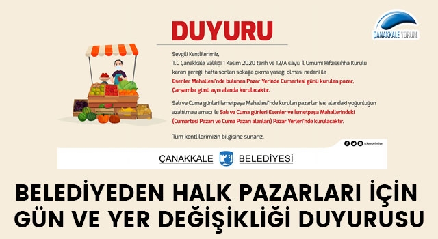 Belediyeden halk pazarları için gün ve yer değişikliği duyurusu!