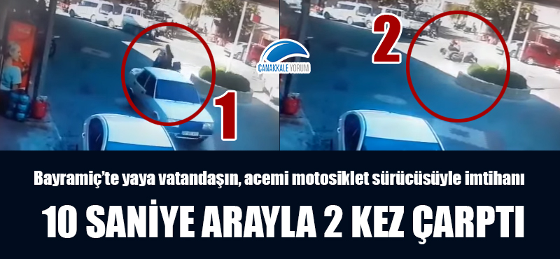 Bayramiç'te yaya vatandaşın, acemi motosiklet sürücüsüyle imtihanı: 10 saniye arayla 2 kez çarptı