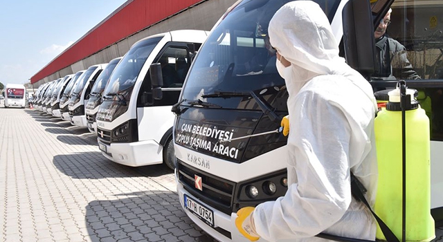 Çan'da toplu taşıma araçları dezenfekte edildi