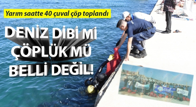 Bozcaada’da yarım saatte denizin dibinden 40 çuval çöp çıktı